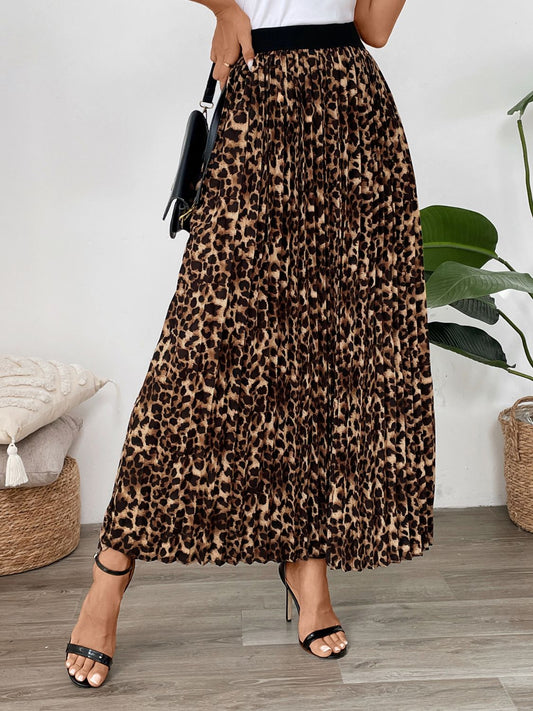 Perfee Pleated Leopard Maxi Skirt Leopard