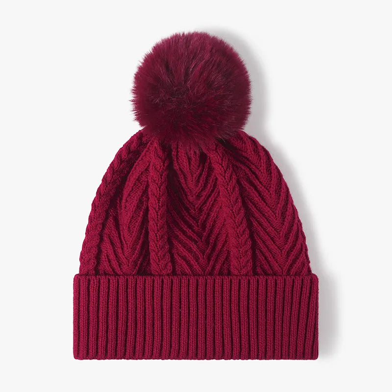 Cable Knit Solid Color Hat with Pompom Burgundy One Size