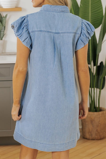 Smocked Collared Neck Cap Sleeve Denim Dress