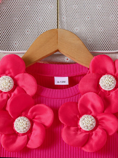 Children's Floral Applique Ribbed Top & Button Decor Skirt Set
