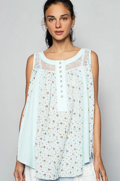 POL Floral Print Button-Front Lace Patchwork Tank Top Mint Blue