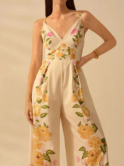 Floral Print Wide-Leg V-Neck Cami Jumpsuit Sherbet