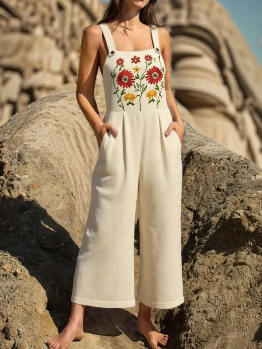 Floral Embroidered Wide Leg Jumpsuit Tan