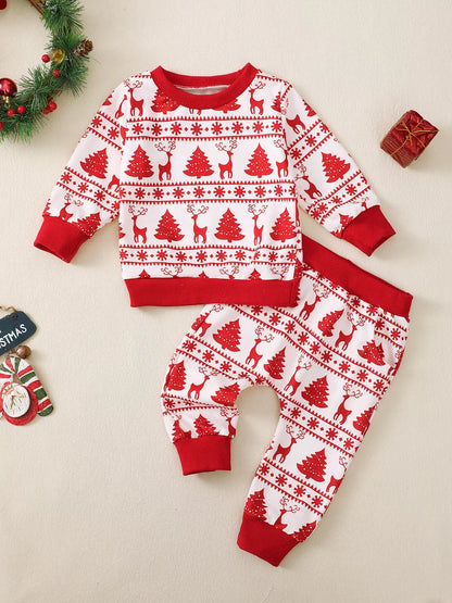 Children's Christmas Reindeer & Tree Print Top and Pants Set Red