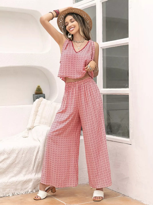 Gingham Tie Shoulder Top and Pants Set