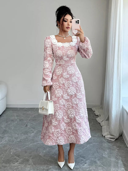 Floral Textured Square Neck Midi Dress