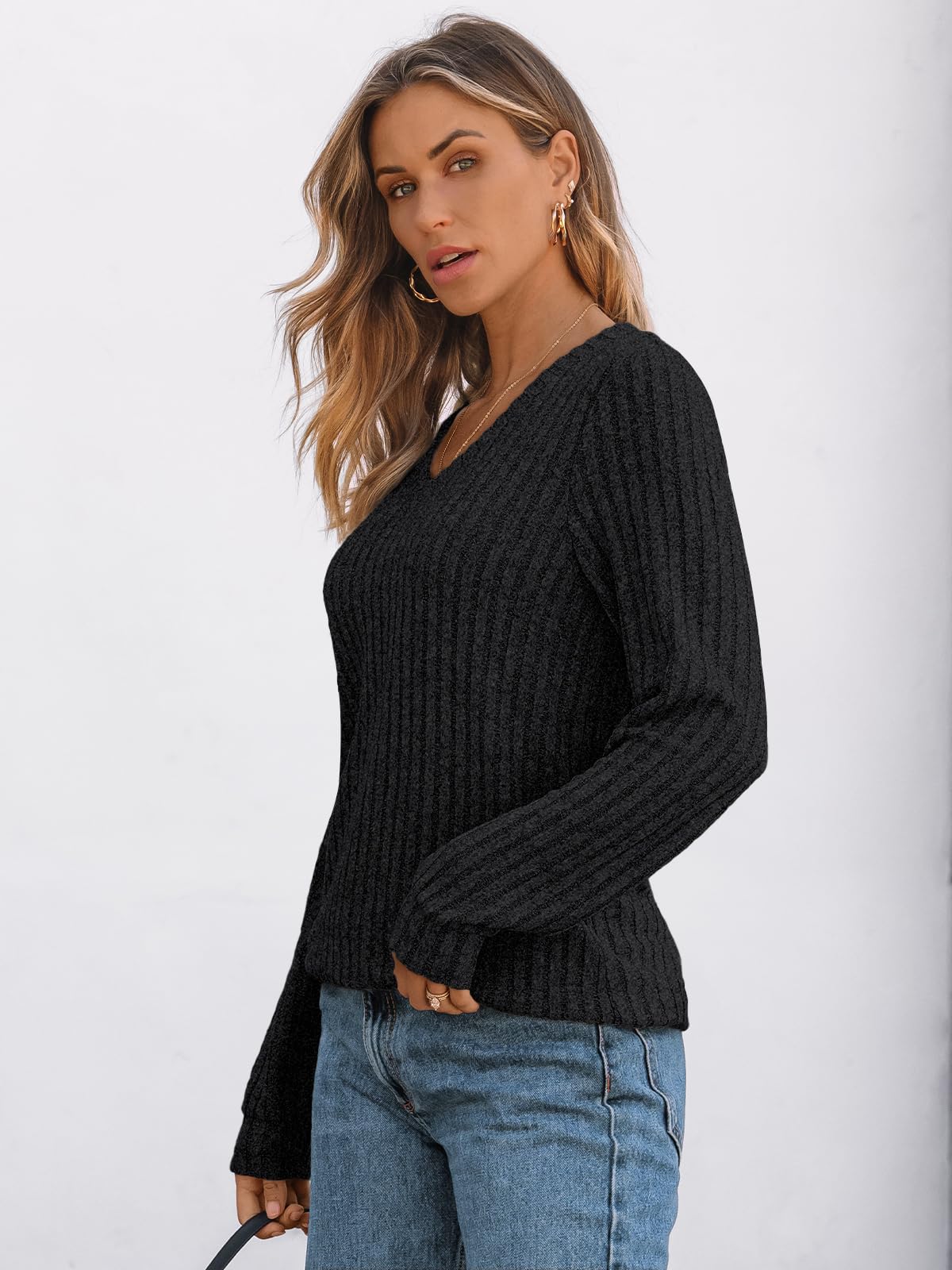 V Neck Long Sleeve Sweater for Women - Loose Fit Tunic Top for Fall & Winter