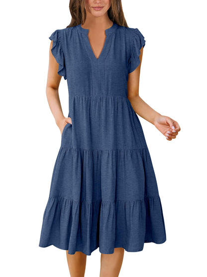 Blue Casual Dresses - Women's Summer Midi Dress - Ruffle Sleeve V-Neck Boho Beach Dress Blue
