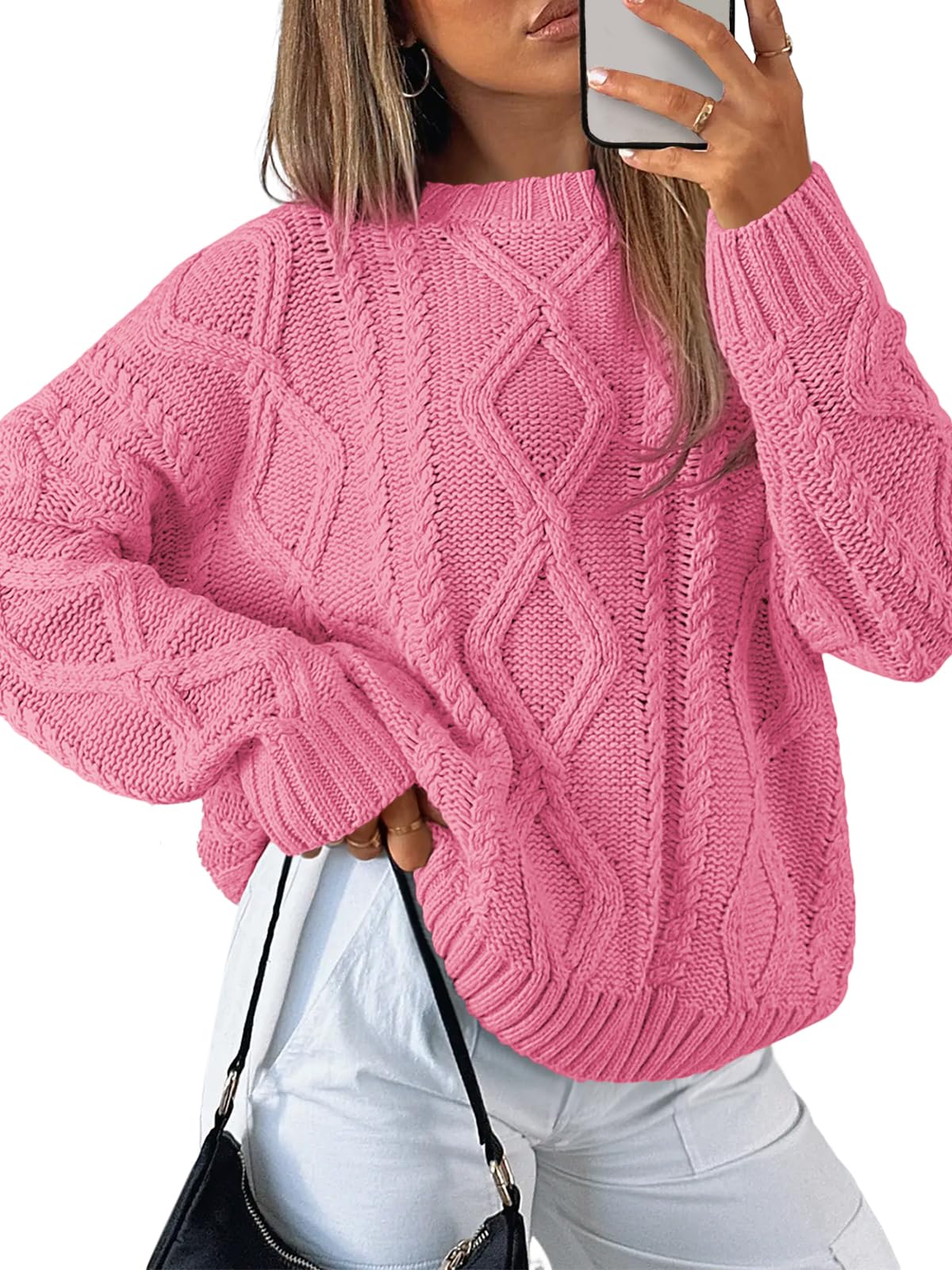Women's Oversized Cable Knit Crewneck Sweaters - Cozy Fall Pullover Rose Pink