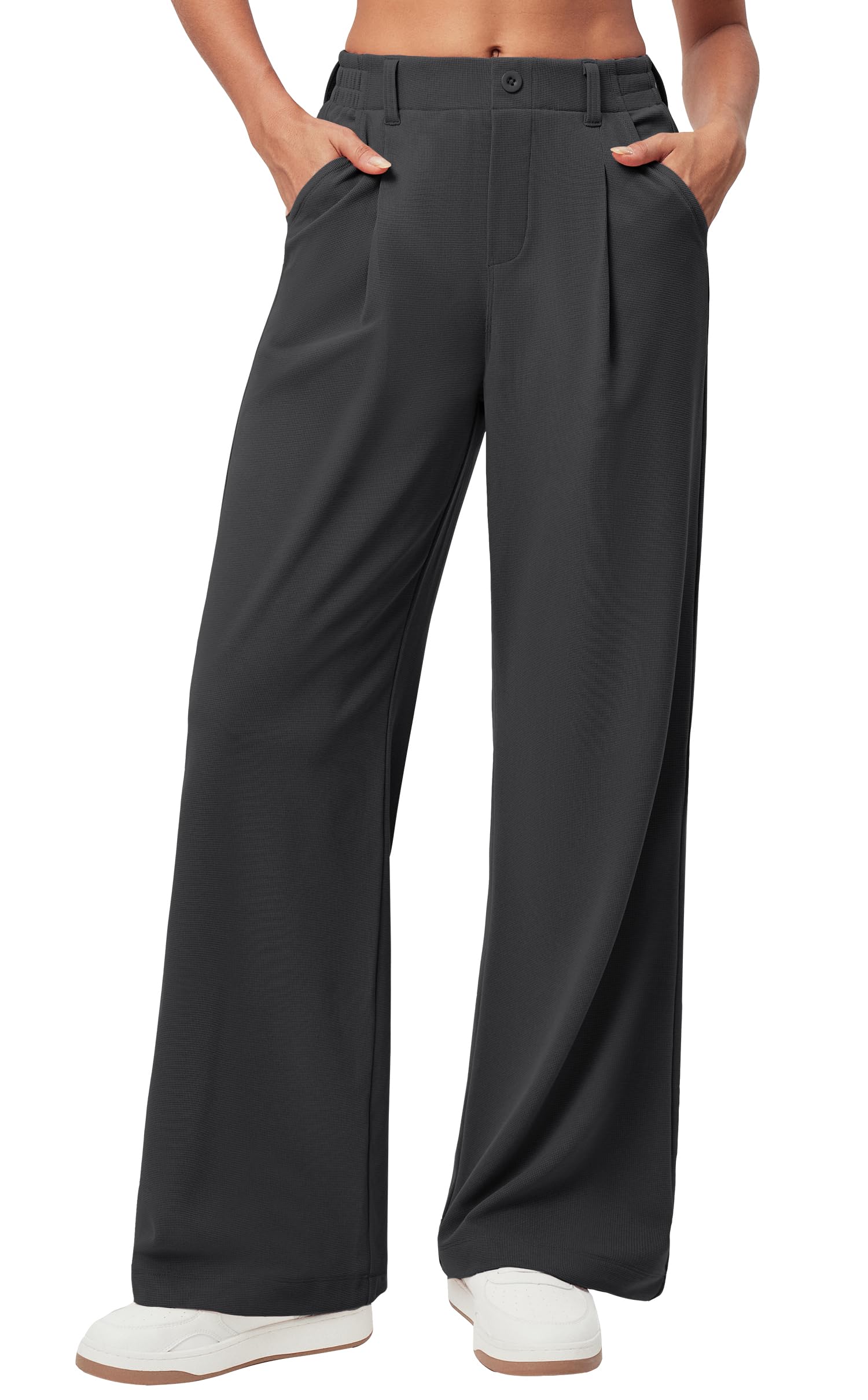 Women's Wide Leg Work Pants - Stretchy Pull-On Business Casual Trousers with Pockets