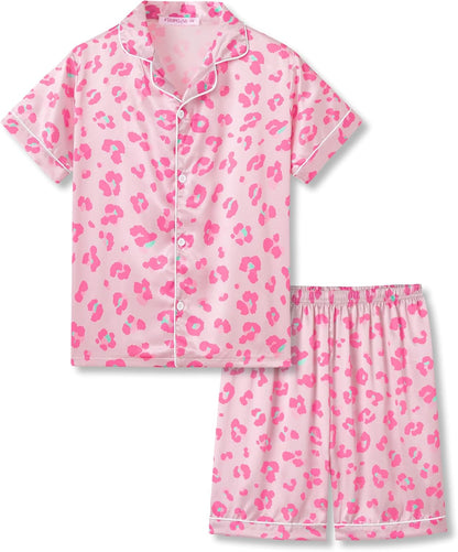 Girls Satin Pajama Set - Silky Button Down PJ with Shorts Size 6-16 Beige & Pink Leopard(short Sleeve & Shorts)