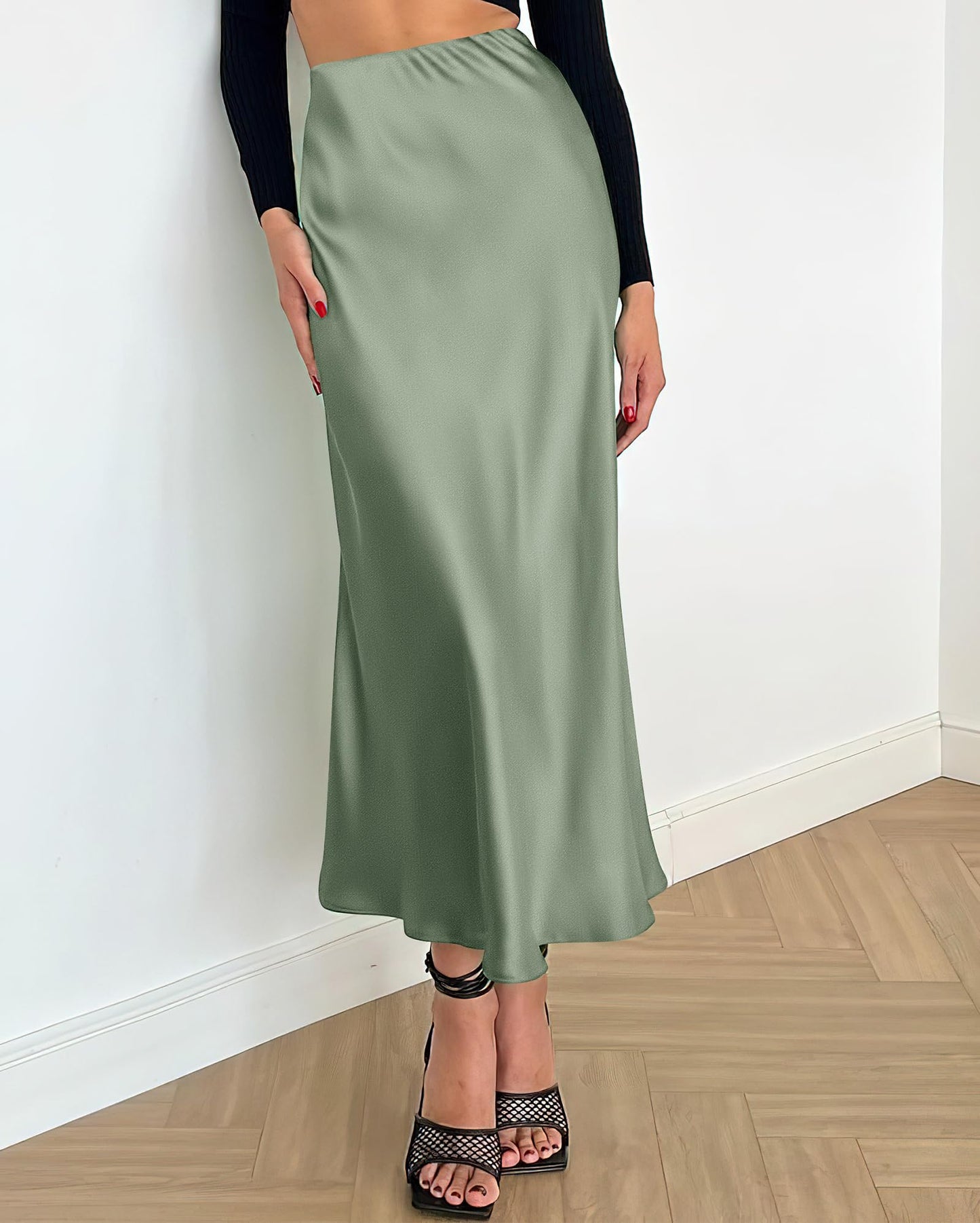 Women's High Waist Satin Midi Skirt - Elegant A-Line Flowy Party Wedding Skirt