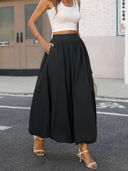 Bubble Skirt with Pockets - Elastic Waist Y2K A-Line Long Skirt for Women