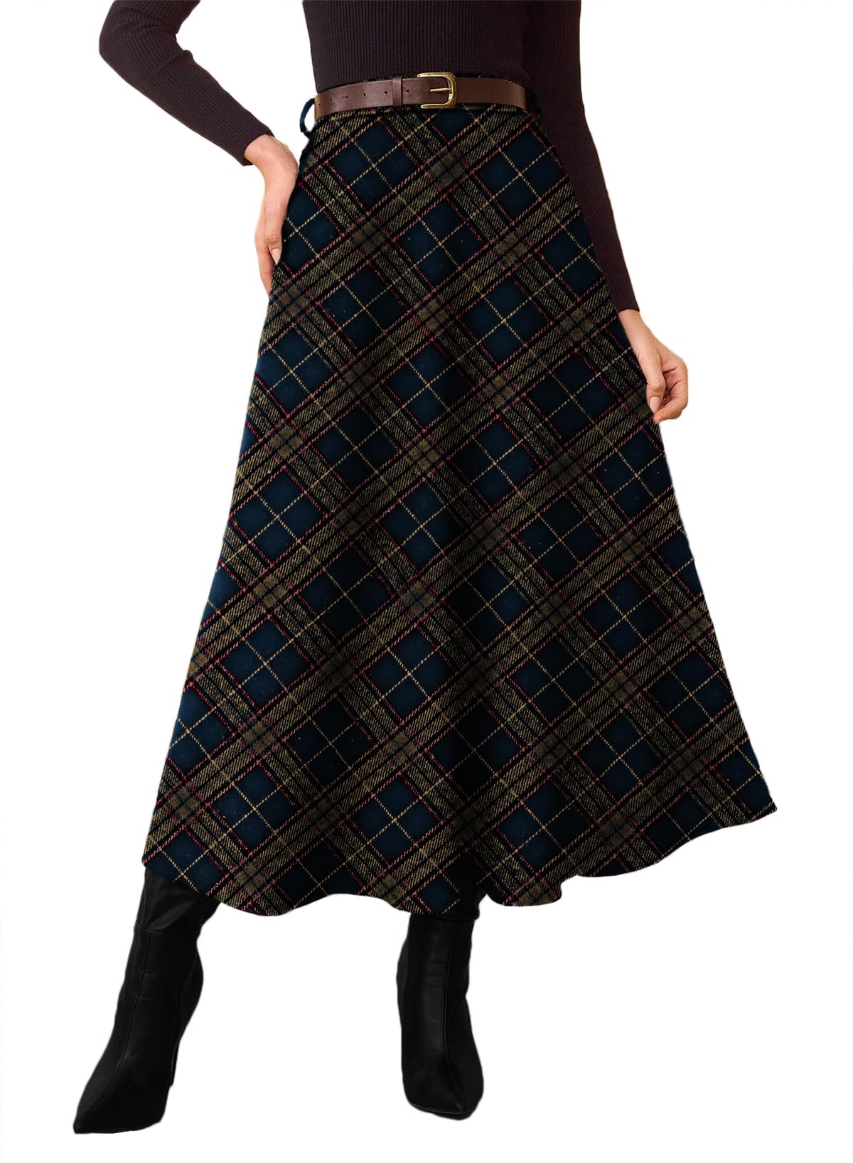 Women's Plaid Skirts - High Waist A-Line Midi Tartan Skirt with Pockets Dirty Blue