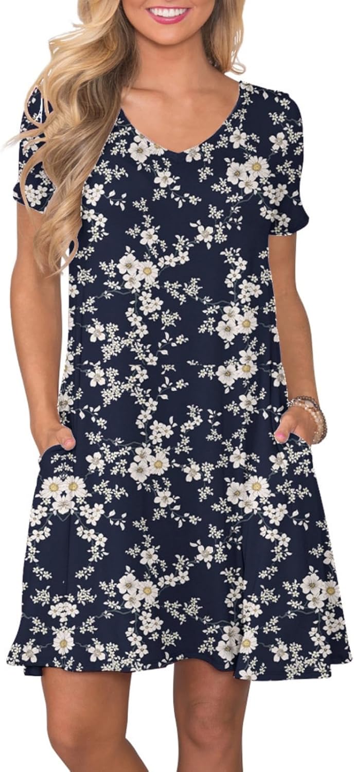 Women's Casual T-Shirt Dress Short Sleeve Summer Swing Dress with Pockets White Floret Blue