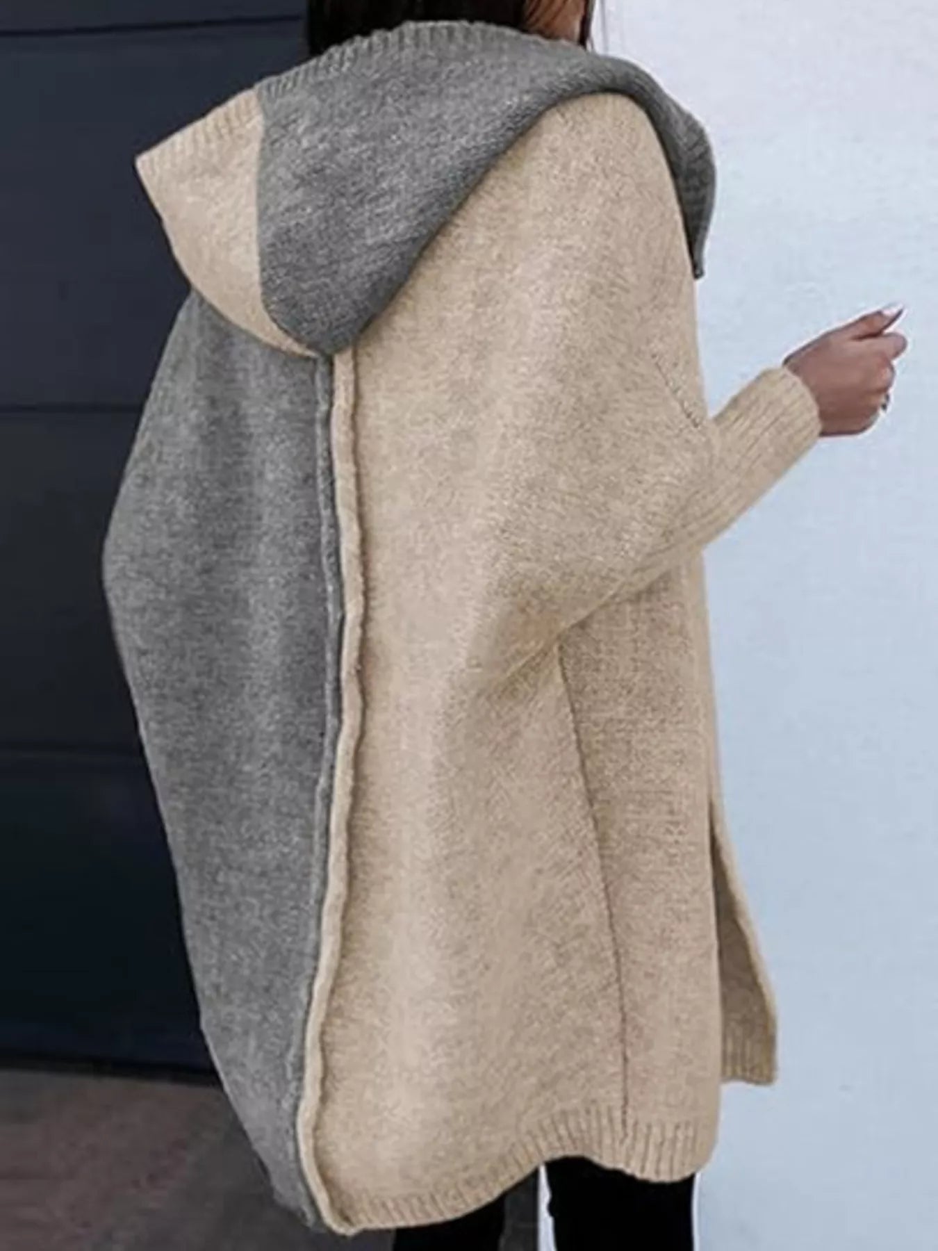 Two-Tone Open Front Knit Hooded Cardigan