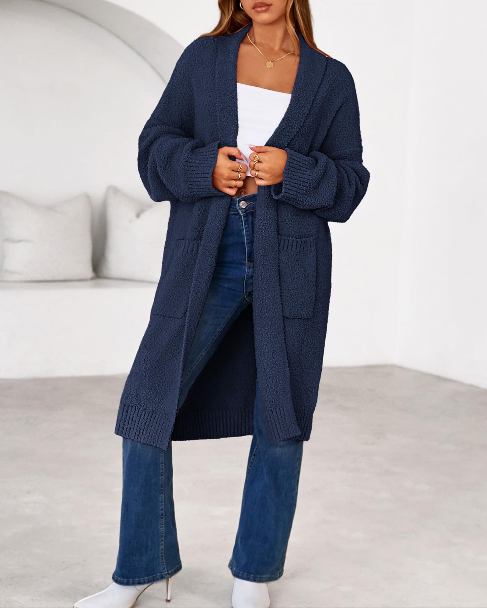 Women's Long Cardigan Sweater - Open Front Oversized Knit Coat with Pockets