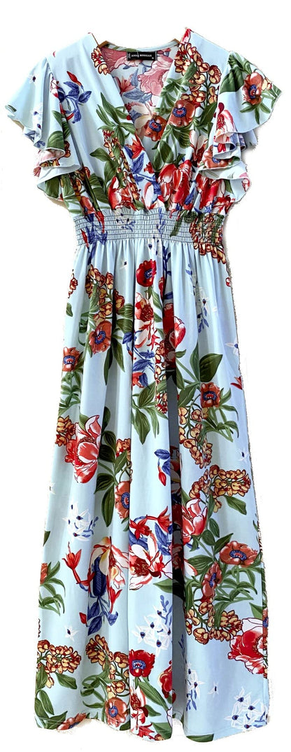 Smocked Maxi Dress - V Neck Exotic Print Dress for Maternity & Plus Size 3X Lily Blossom - Blue