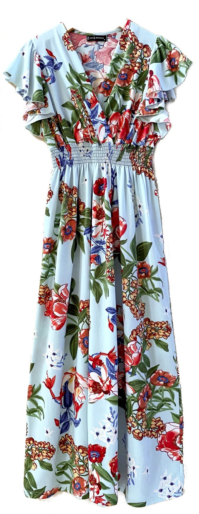 Smocked Maxi Dress - V Neck Exotic Print Dress for Maternity & Plus Size 3X Lily Blossom - Blue