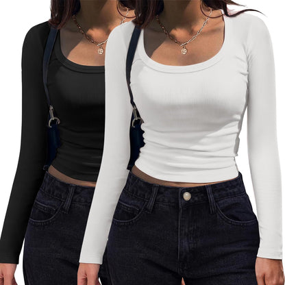 Women's Long Sleeve Scoop Neck Shirt Slim Fit Rib Knit Top XX-Large Black and White