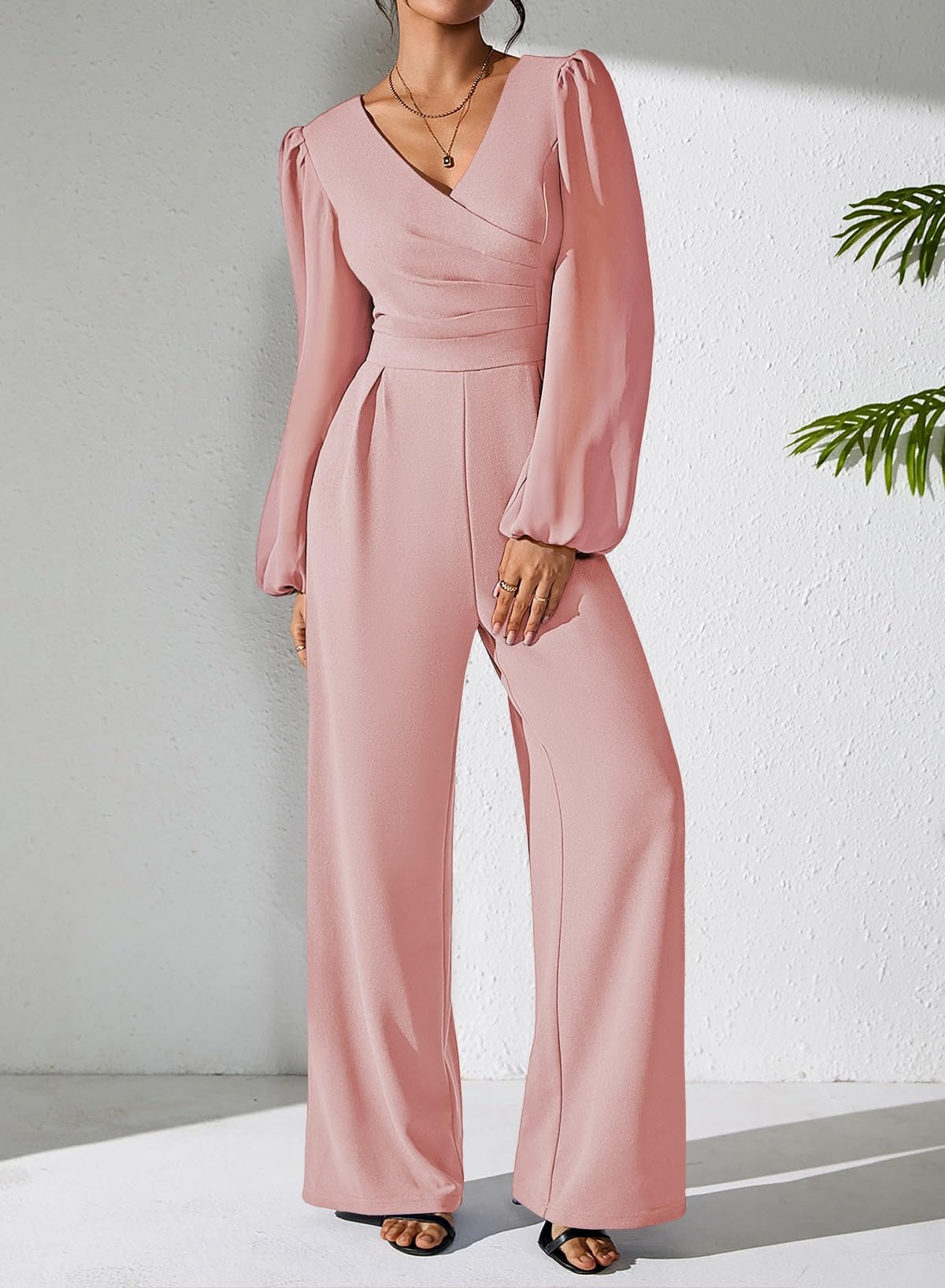 Pink Queen Jumpsuits for Women Dressy Patchwork Chiffon Sleeve V Neck Wide Leg Romper Holiday Party Outfits