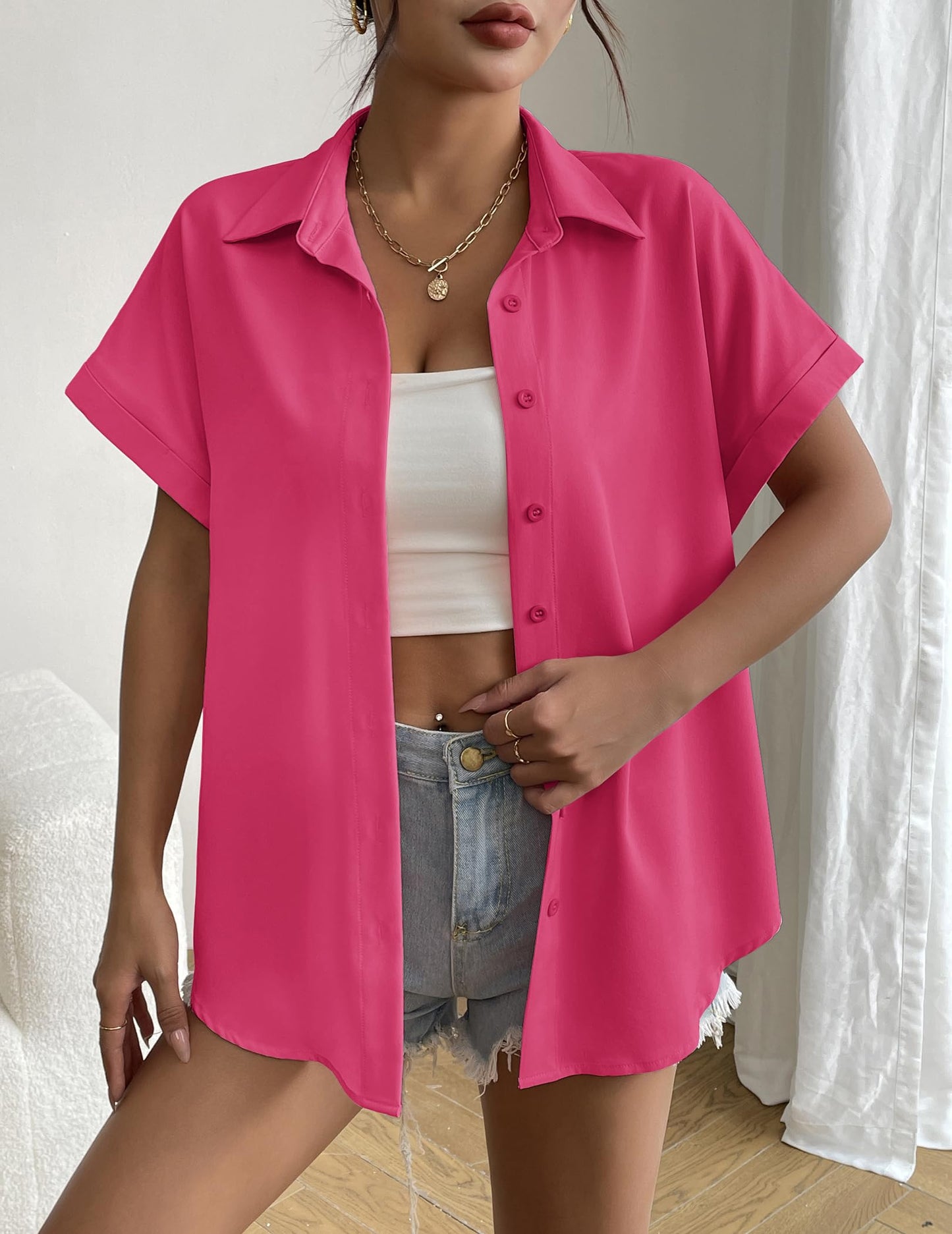 Women's Short Sleeve Button Down Shirt - Summer V-Neck Blouse for Work and Casual