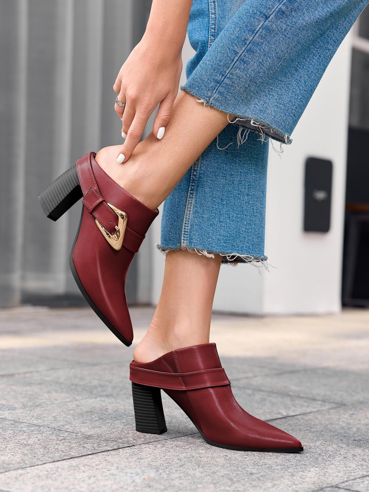 Coutgo Womens Mules Boots Chunky Stacked Heel Pointed Toe Booties Slip On Dress Boot Shoes with Buckle Decoration, Reddish Brown, Size 6.5