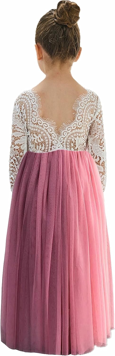 Girls Tulle Flower Girl Dress - Lace Back A-Line Party Dress Dusty Pink Maxi