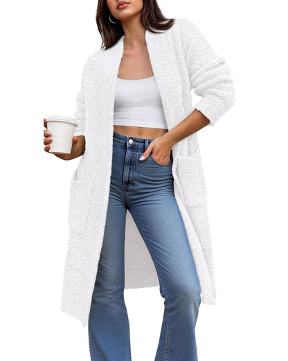 Women's Long Cardigan Sweater - Open Front Oversized Knit Coat with Pockets White