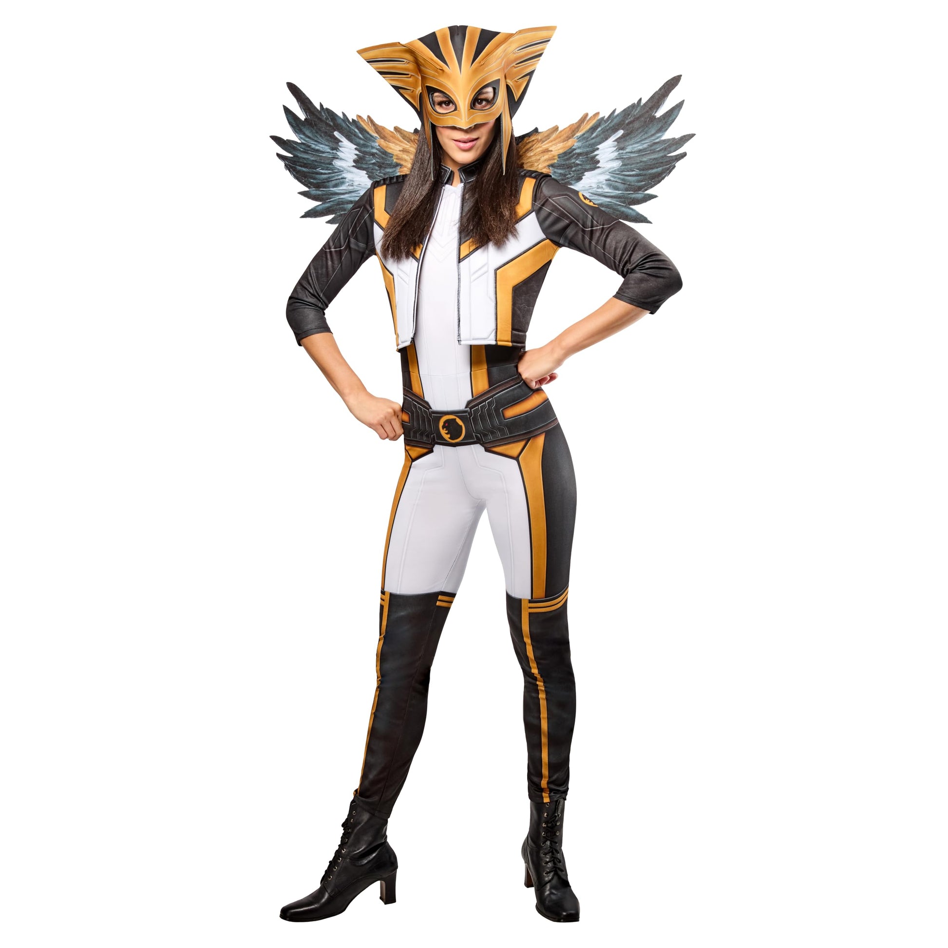 Hawk Girl Costume - Women's Superman Movie Jumpsuit with Wings and Headpiece Black Gold White