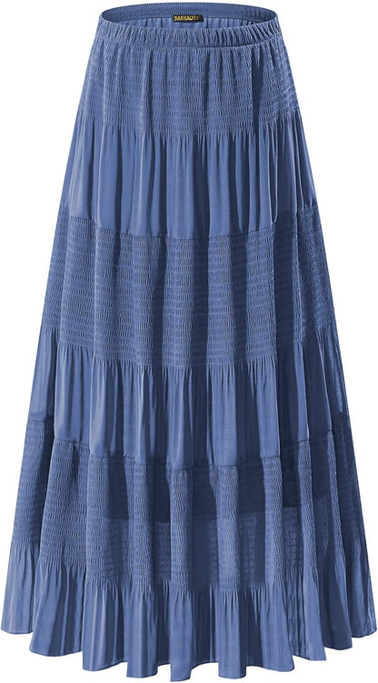 Chiffon Maxi Skirt for Women - High Waist Pleated A-Line Flared Long Skirt Beja Blue