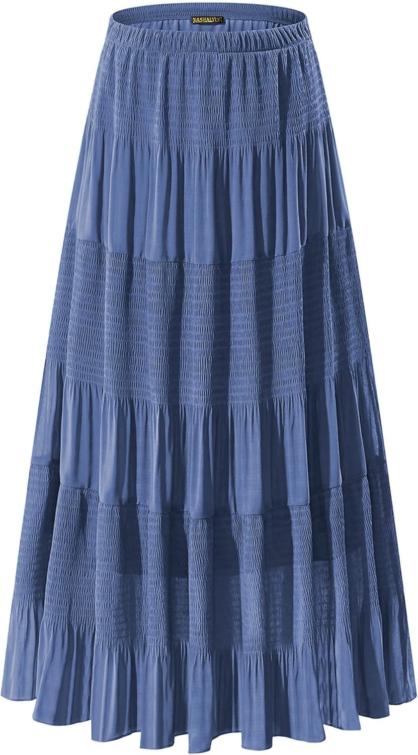 Chiffon Maxi Skirt for Women - High Waist Pleated A-Line Flared Long Skirt Beja Blue