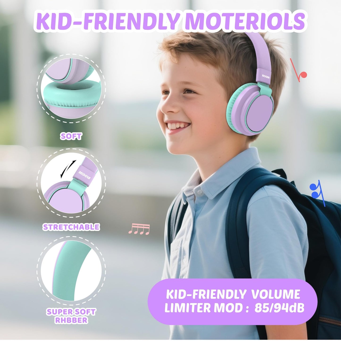 Kids Headphones Volume Limited 85/94dB - Wired Over-Ear Foldable Headset with Microphone Pink