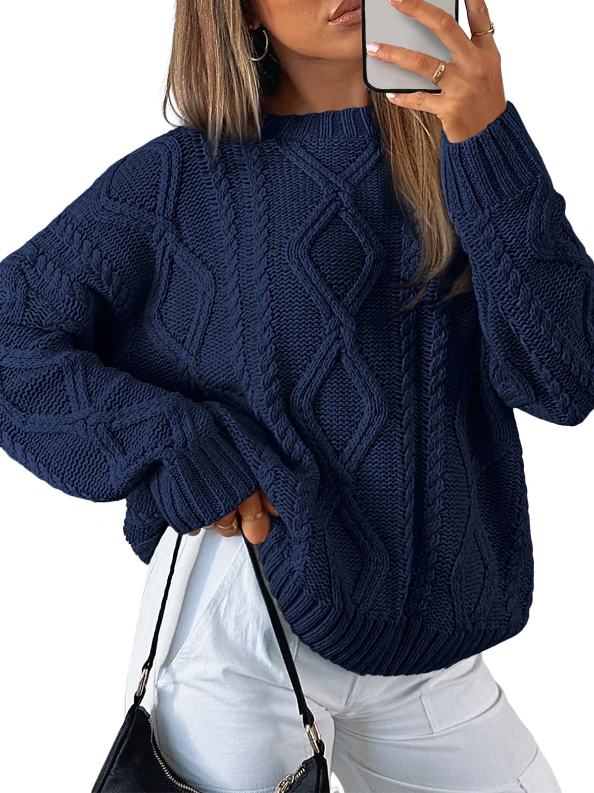 Women's Oversized Cable Knit Crewneck Sweaters - Cozy Fall Pullover Navy Blue