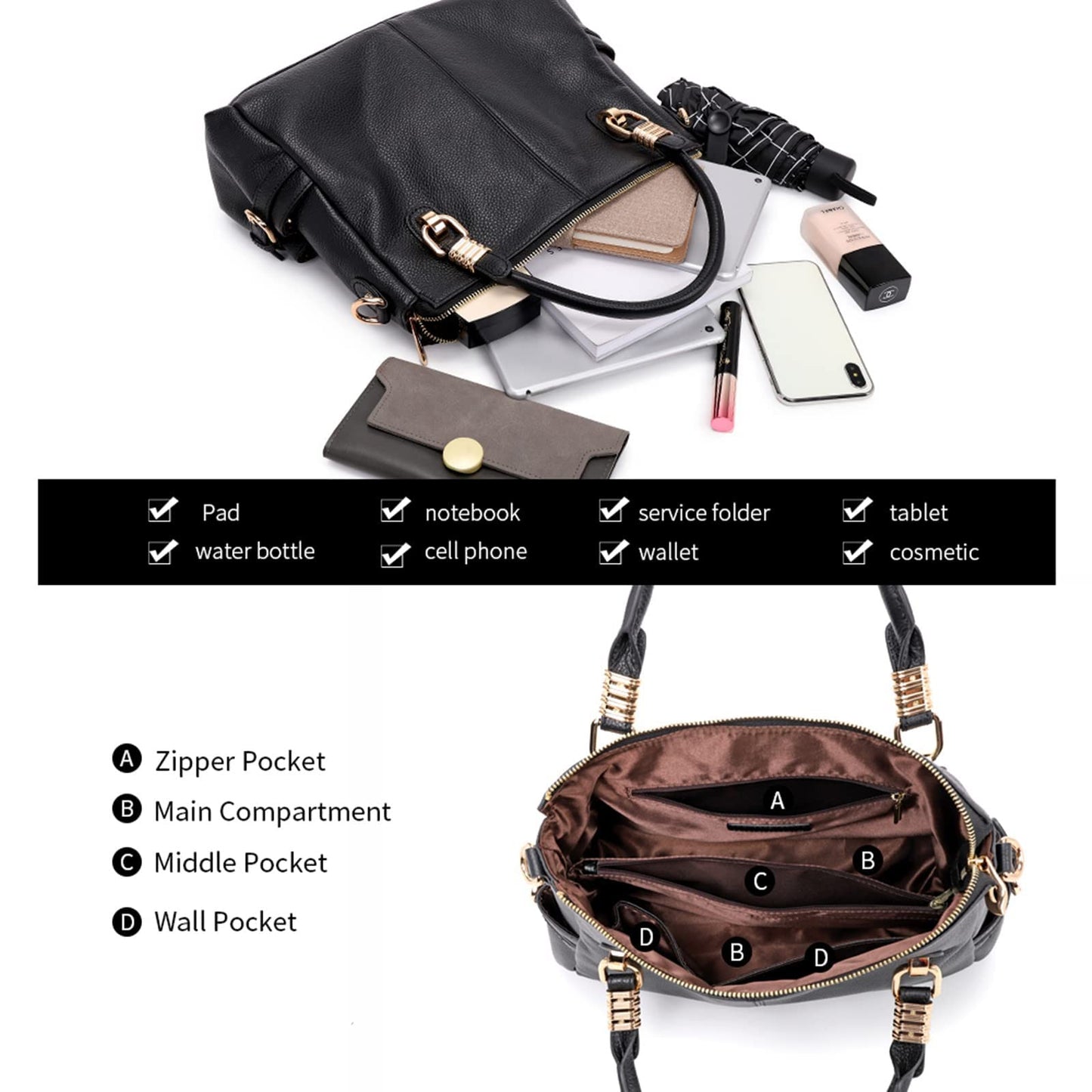 Women Genuine Leather Handbag - Soft Satchel Tote Shoulder Bag with Adjustable Strap