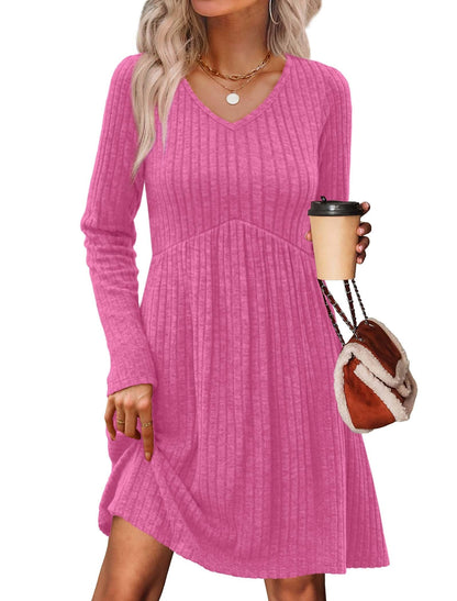 Women's Long Sleeve Sweater Dress - V Neck Empire Waist Babydoll Dress with Pockets Pink