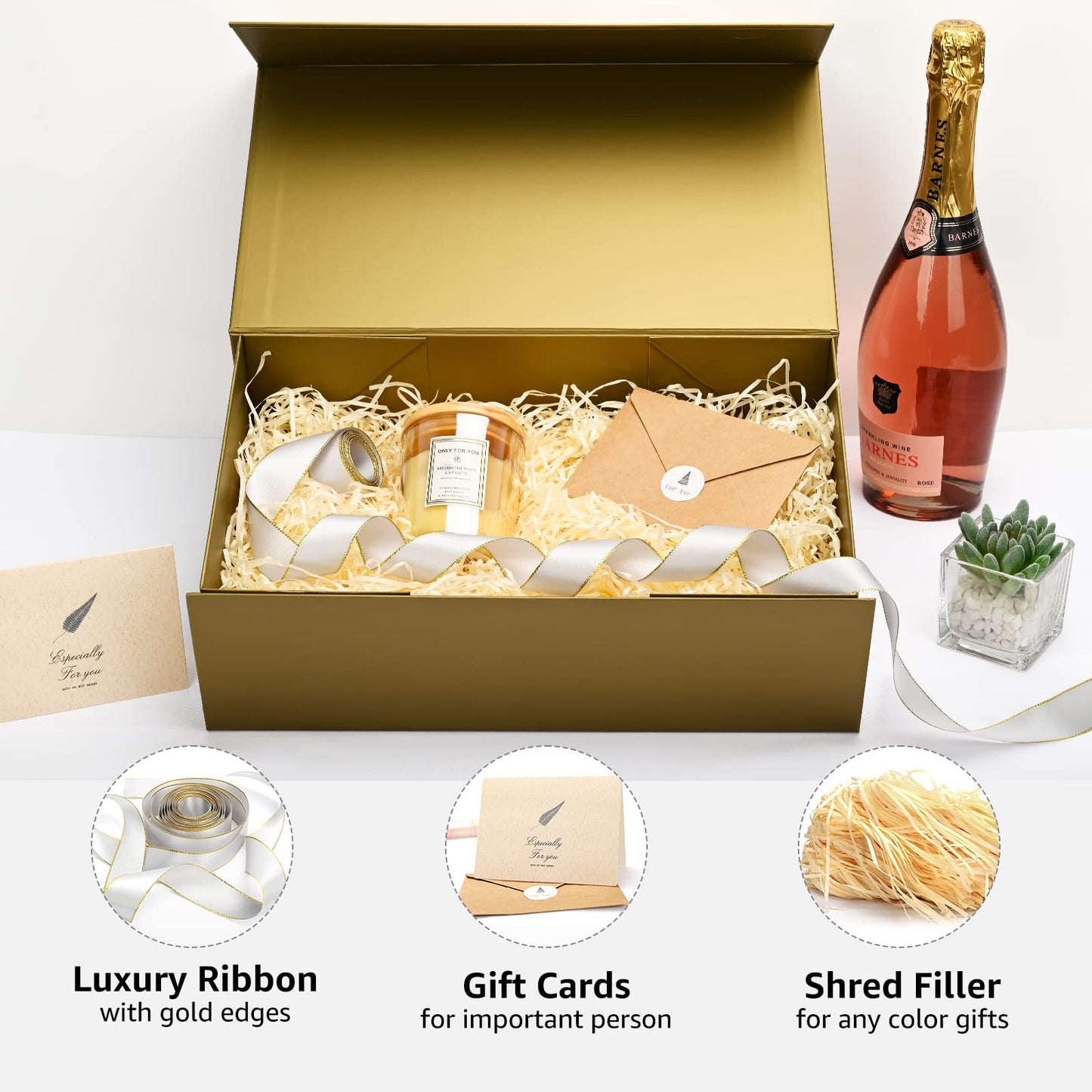 Gift Boxes with Lids 2 Pack - Magnetic Closure with Ribbon, Card, Filler & Sticker