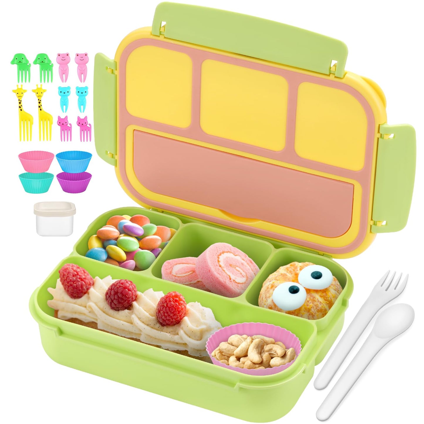 Bento Lunch Box for Kids - 4 Compartment Leak-Proof School Lunch Container with Utensils Purple Pink Yellow Green