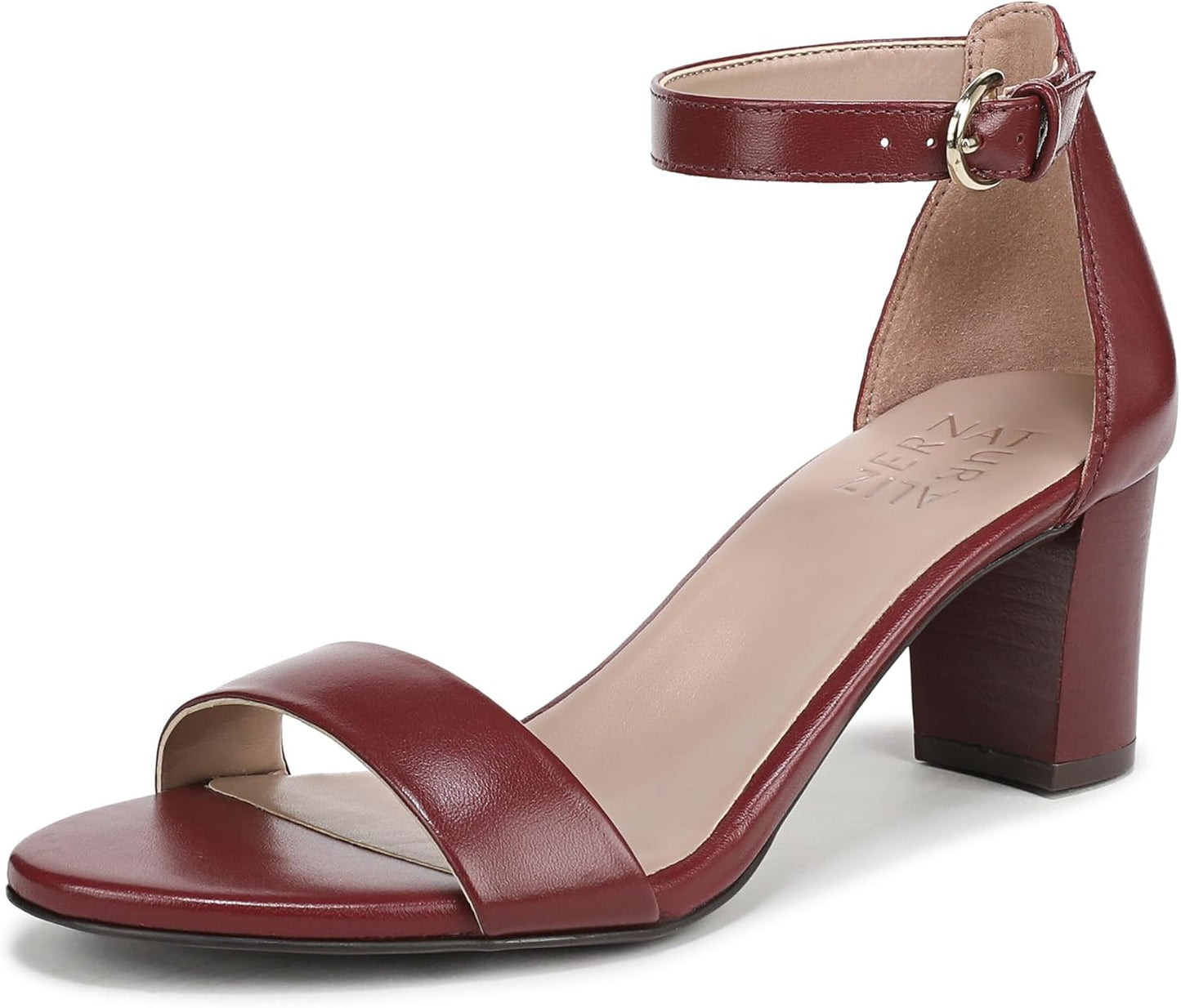 Heeled Sandals for Women - Block Heel Dress Sandals with Ankle Strap Cranberry Red Leather