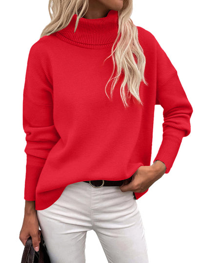 Orange Turtleneck Sweater - Turtleneck Sweater for Women - Chunky Knit Pullover with High Low Hem Red