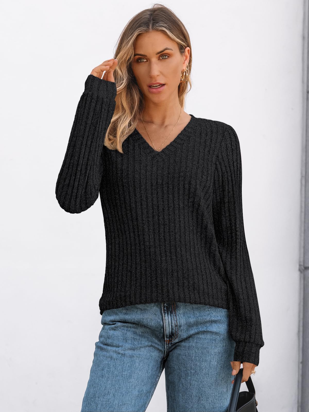 V Neck Long Sleeve Sweater for Women - Loose Fit Tunic Top for Fall & Winter