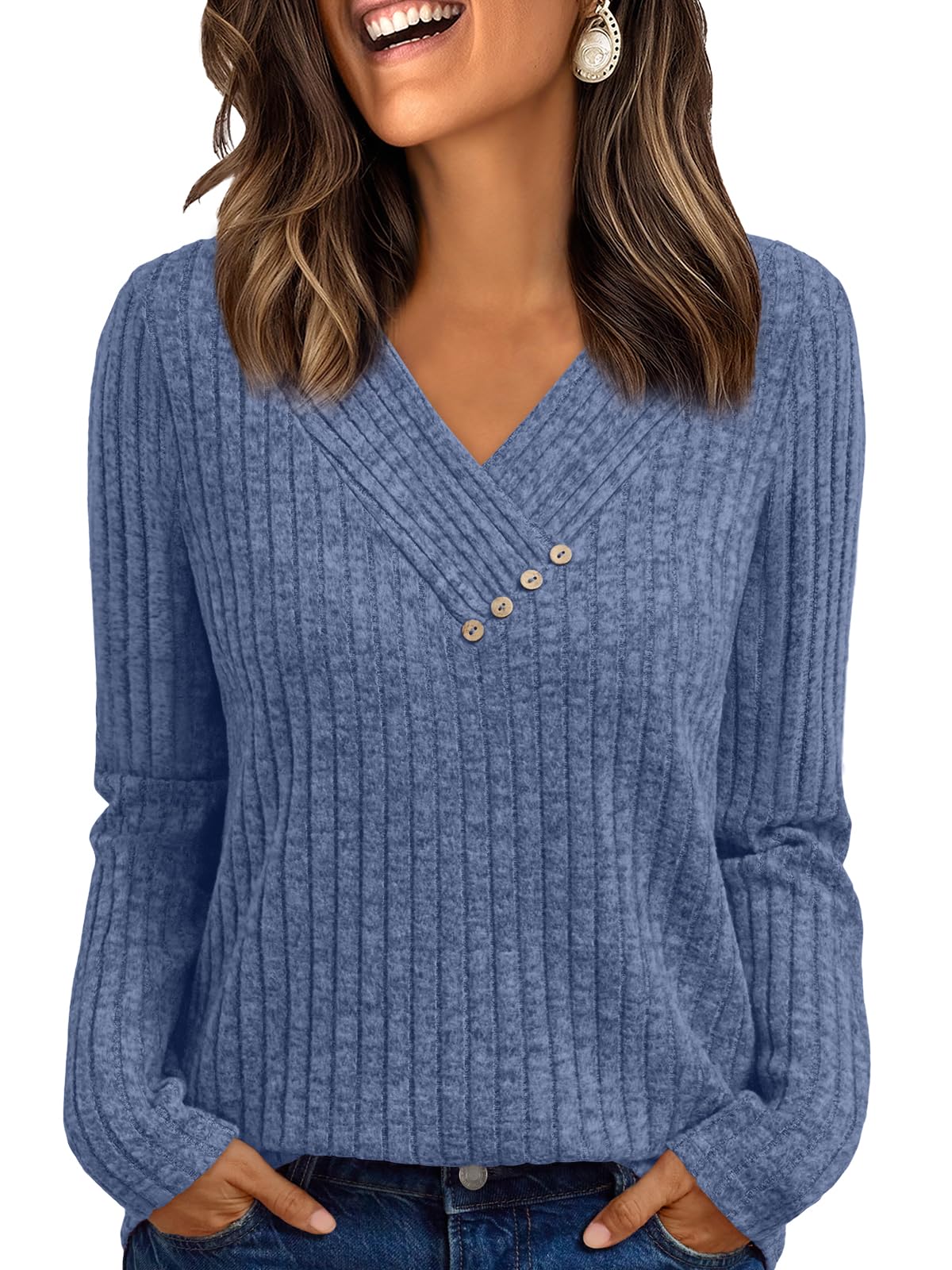 Women's Long Sleeve V Neck Tunic Tops - Dressy Casual Work Blouse Sweater