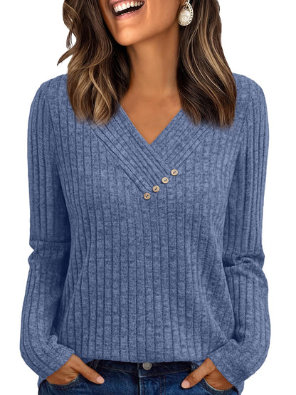 Women's Long Sleeve V Neck Tunic Tops - Dressy Casual Work Blouse Sweater Blue