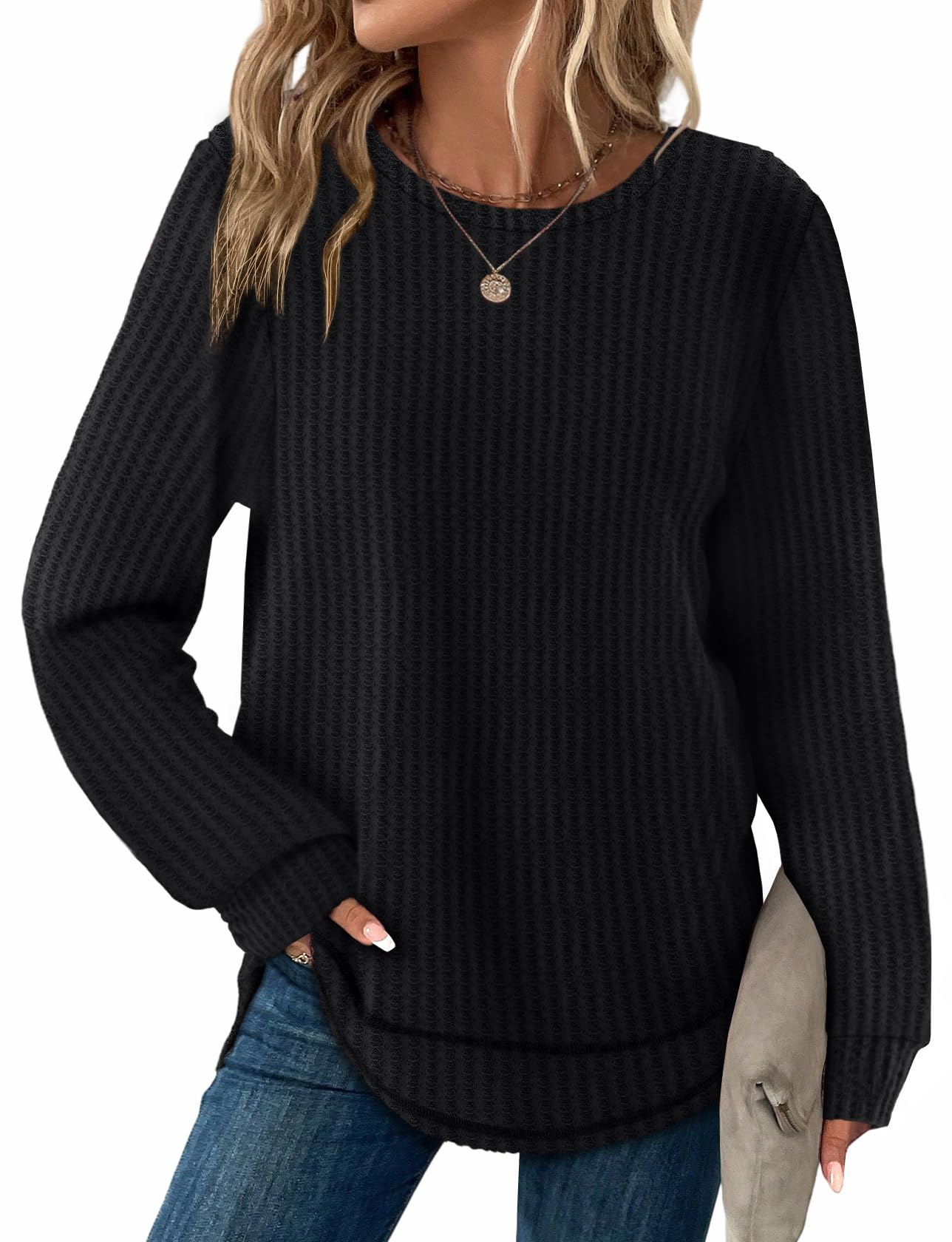 Women's Tunic Tops - Loose Fit Waffle Knit Long Sleeve Crewneck Sweaters