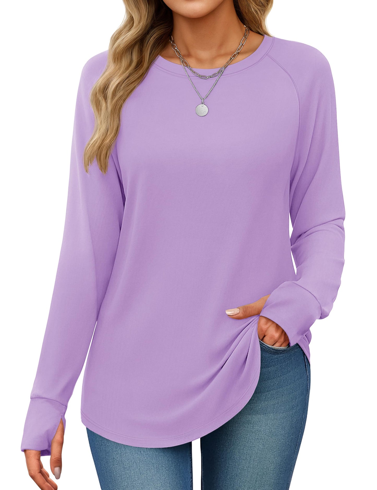 Women's Long Sleeve Tunic Top with Thumb Holes - Loose Fit Shirt for Leggings