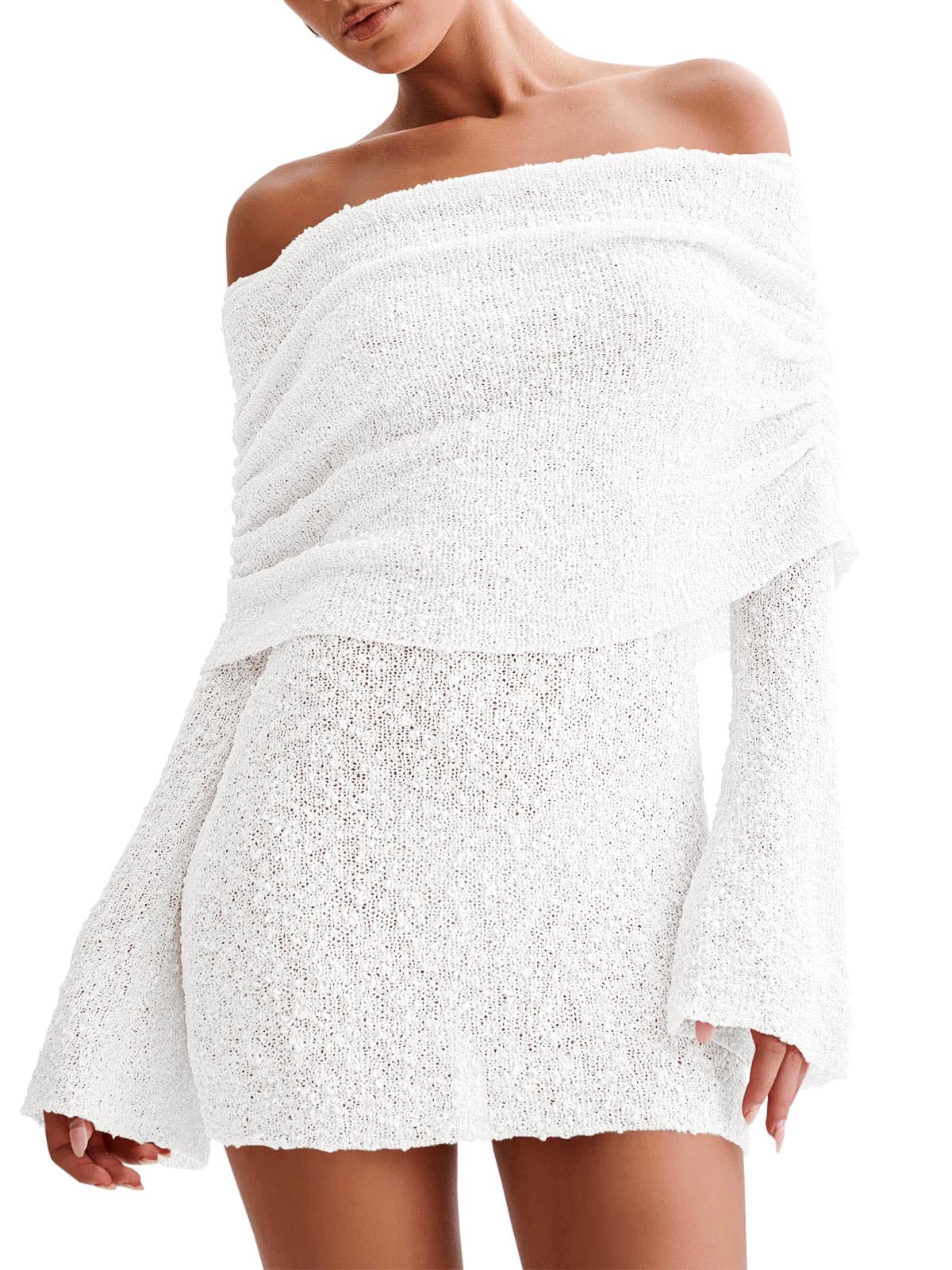 Women's Off Shoulder Beach Cover Up - Sheer Bell Sleeve Mini Dress for Swimwear