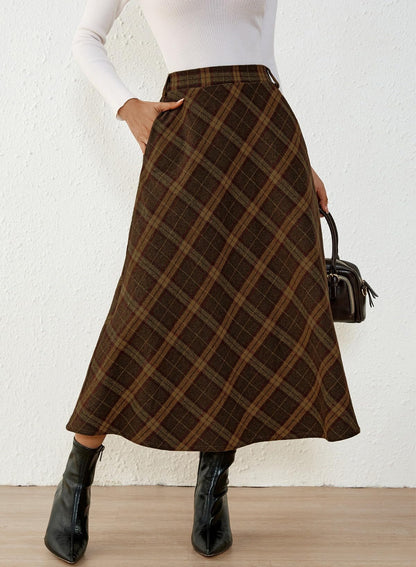 Women's Plaid Skirts - High Waist A-Line Midi Tartan Skirt with Pockets