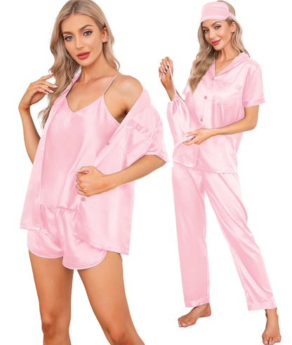 SWOMOG Womens Silk Satin Pajamas Sets 7pcs Sleepwear Sexy Cami Shorts Set and Button Down Short Sleeve Satin Pjs