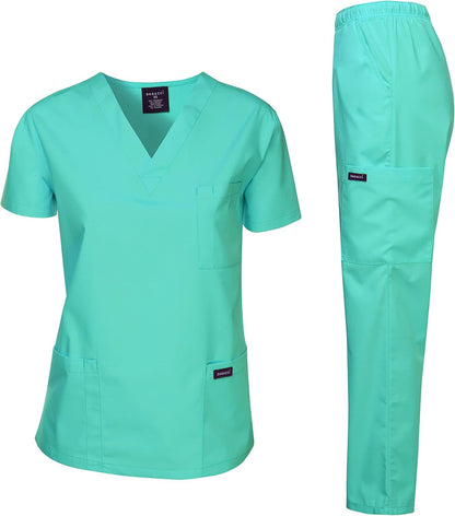 Medical Scrubs Set Unisex - V-Neck Top and Elastic Waist Pants Uniform for Healthcare Workers Hospital Green