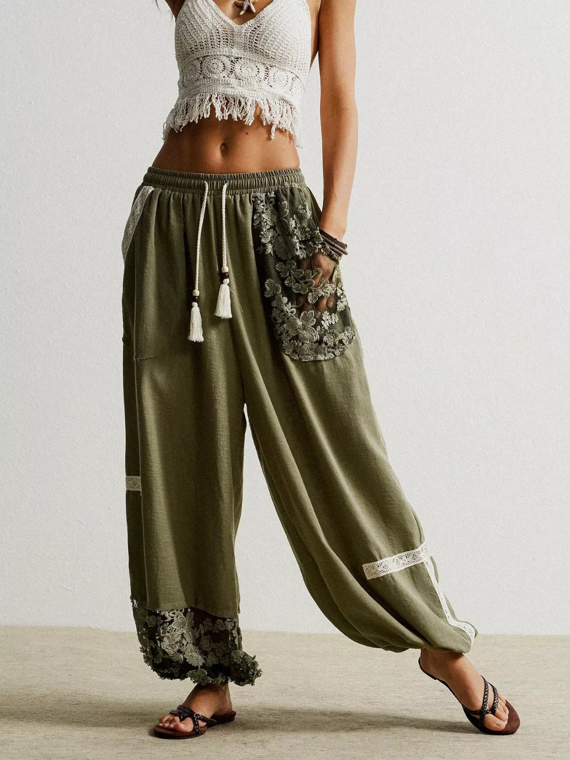 Lace Detail Drawstring Harem Pants Moss